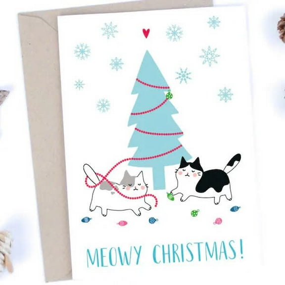 Meowy Christmas Card – Cute Cats Playing by Christmas Tree – Blank Inside with Envelope Included – Perfect Holiday Greeting Card for Cat Lovers