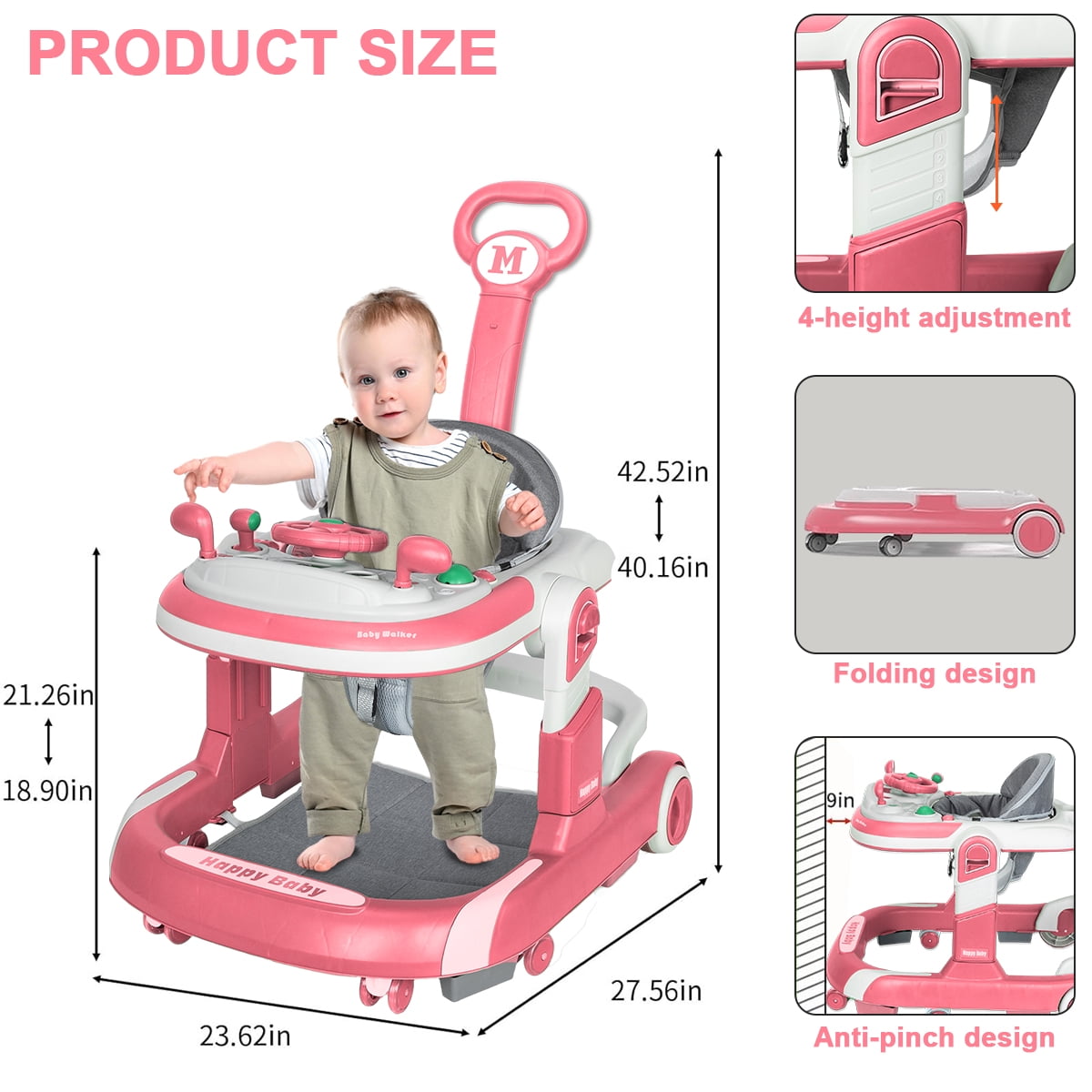 HAOUUCYIN 5-in-1 Baby Walker with Foot Pads/Handles for Girls Boys, Pink
