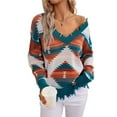 thumbnail image 2 of Woman Western Aztecs Knit Sweater Long Sleeve Vintage Geometric Pullover V Neck Distressed Cropped Sweater Royal Blue M, 2 of 10