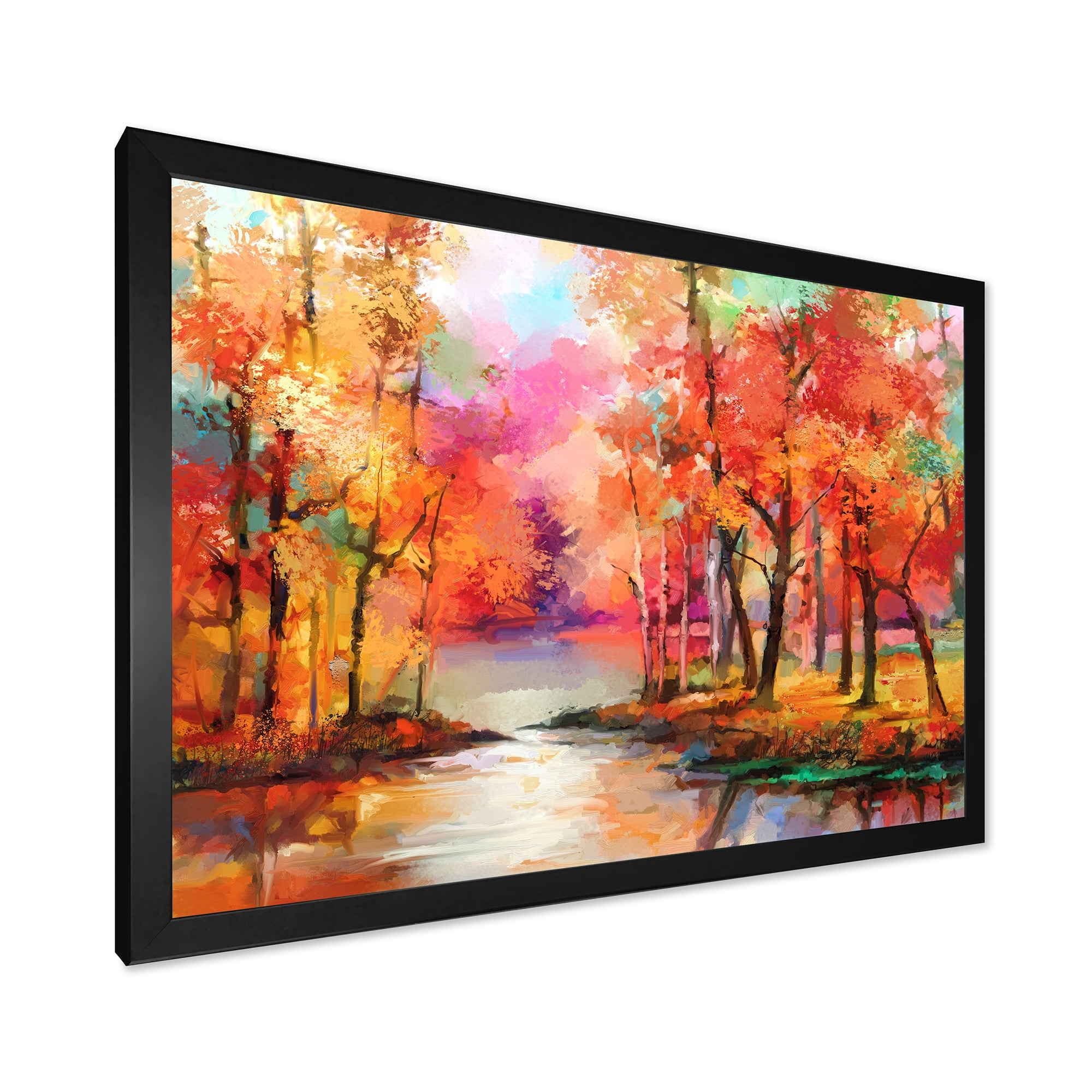 Designart 'The Lake In Autumn By Colorful Autumn Trees' Modern Framed Art Print