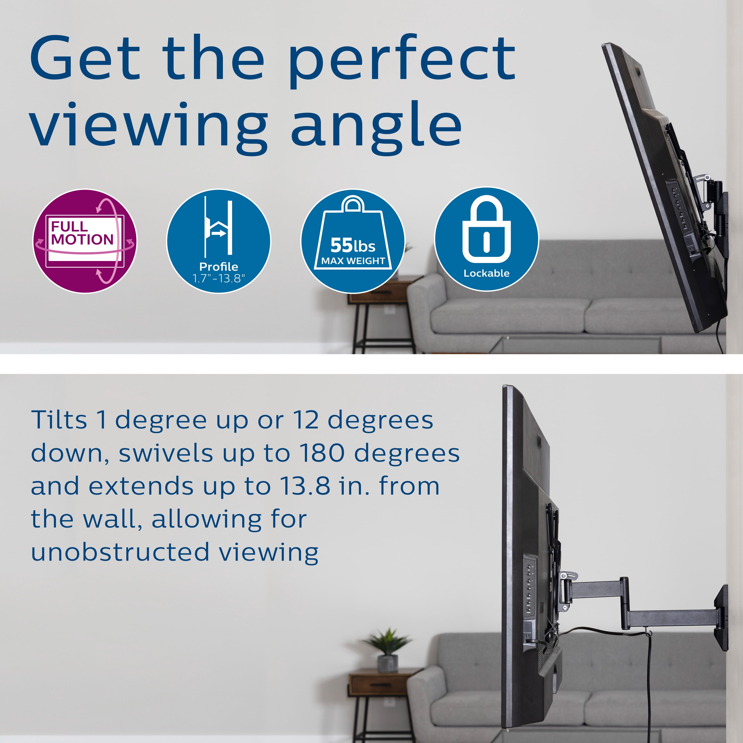 Philips Full Motion TV Wall Mount, Fits 55 inches, Holds 55lbs, SQM9222/27