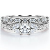 JeenMata 1.75 Carat Seven Stone Milgrain Filigree Round Shape Moissanite Art Deco Design Wedding Ring Set in 18K White Gold Plating Over Silver