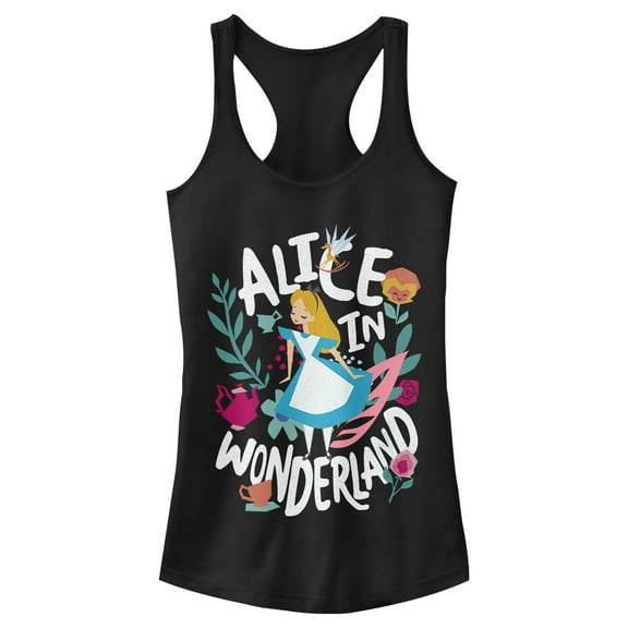 Junior's Alice in Wonderland Cartoon Alice  Racerback Tank Top Black Large