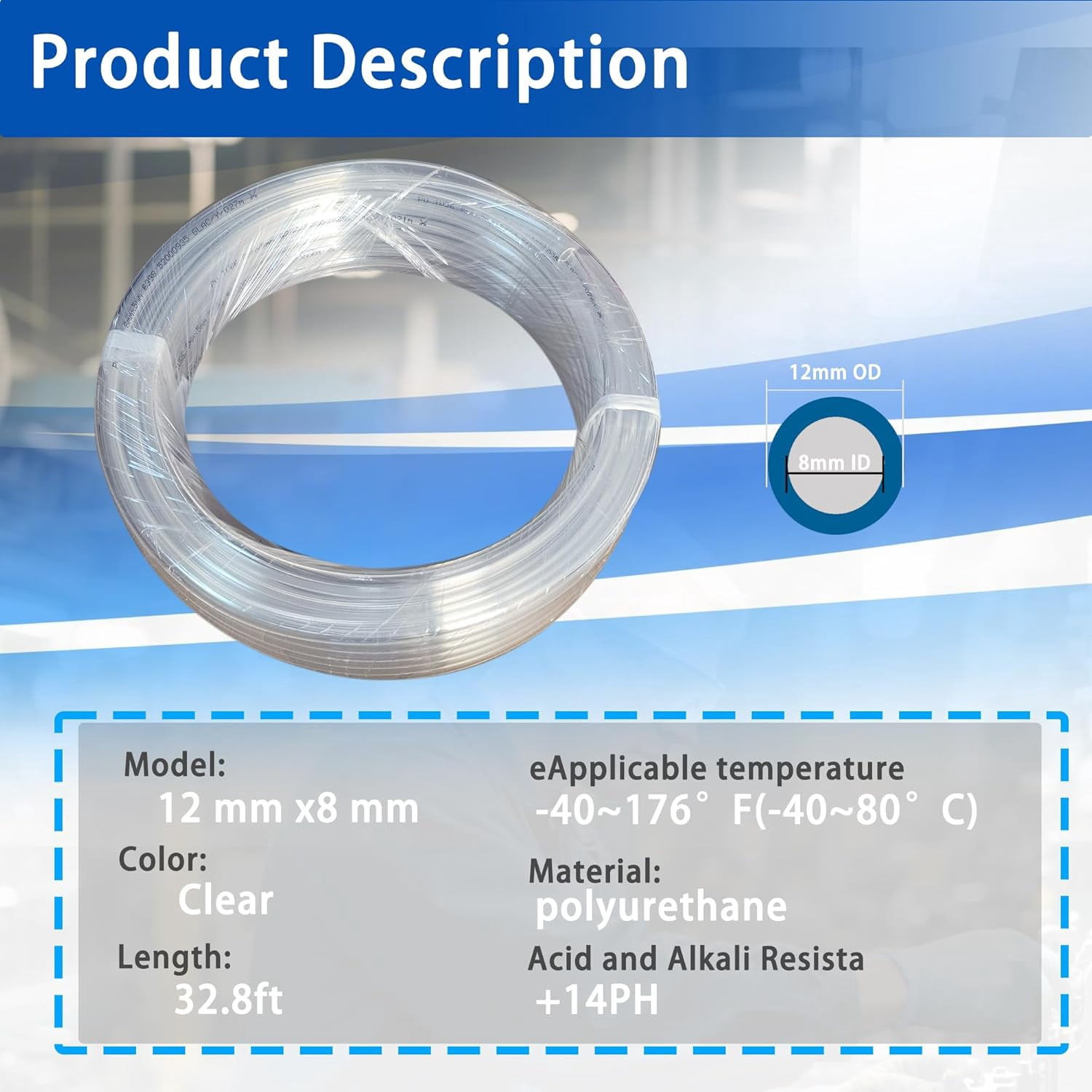 PNEUMATIC Transparent 12mm OD 8mm ID Polyurethane PU Air Hose Pipe Tube 10 Meter 32.8ft for Air Line or Fluid Transfer Transparent