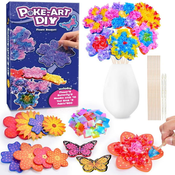 Toys for 4 5 6 7 8+ Year Old Girls, Poke-in Art Flower Bouquet with 8 Flowers & 2 Butterflies Arts and Crafts for Girls Ages 4-12 DIY Creative Activity Birthday Xmas Gifts for 4-12 Year Old Girls