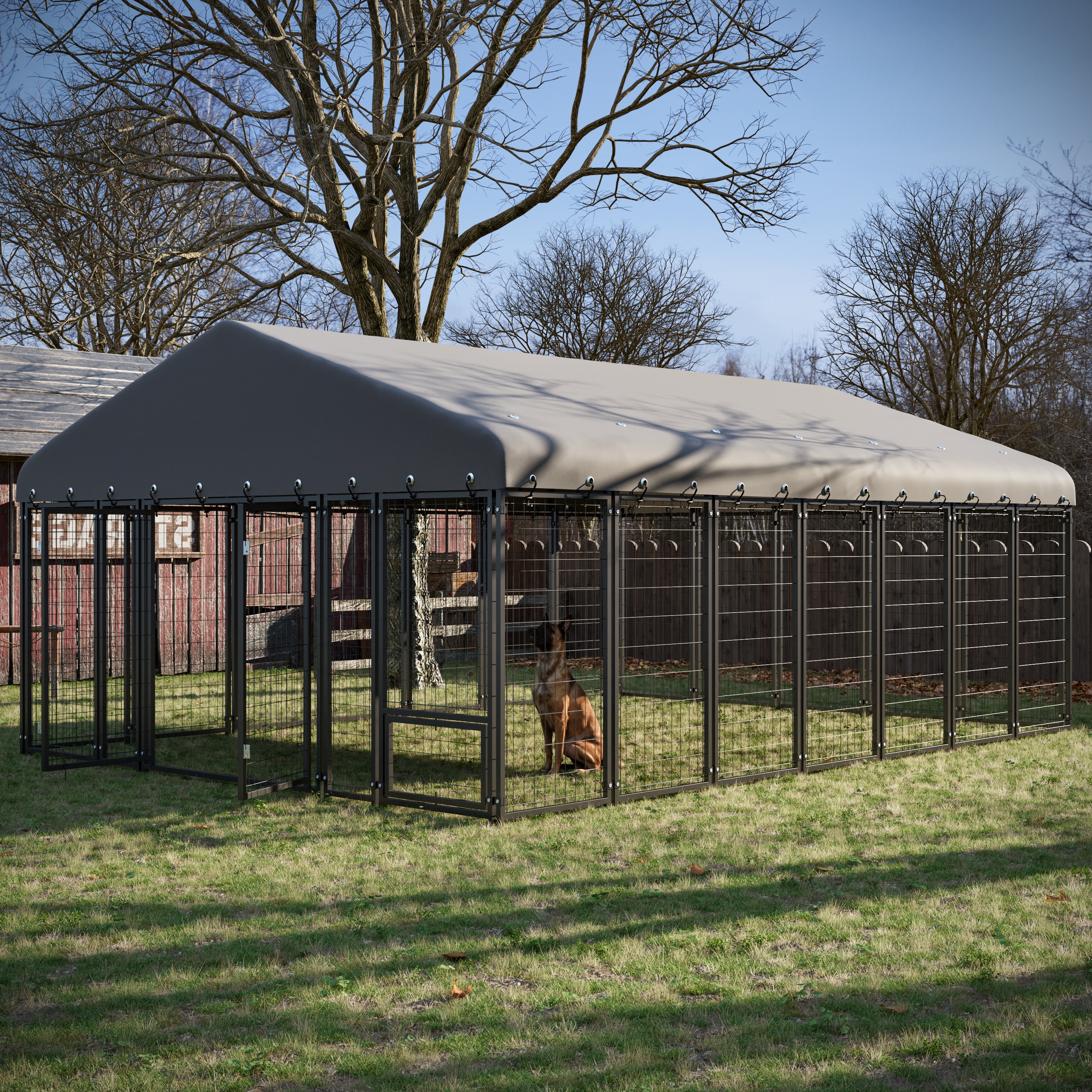 10X14FT Dog Kennel Outside Double Door Dog Kennel Outdoor with Feeding, Heavy Duty Outdoor Dog Crate Durable Dog Cage with Roof & Double Lock