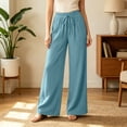 thumbnail image 7 of Women's Cotton Spandex Wide Leg Pants, Elastic Drawstring High Waist, Loose Soft Pockets, Casual Summer Beach Travel Lounge, Flowy Trousers | VerBelle,Light Blue S, 7 of 7