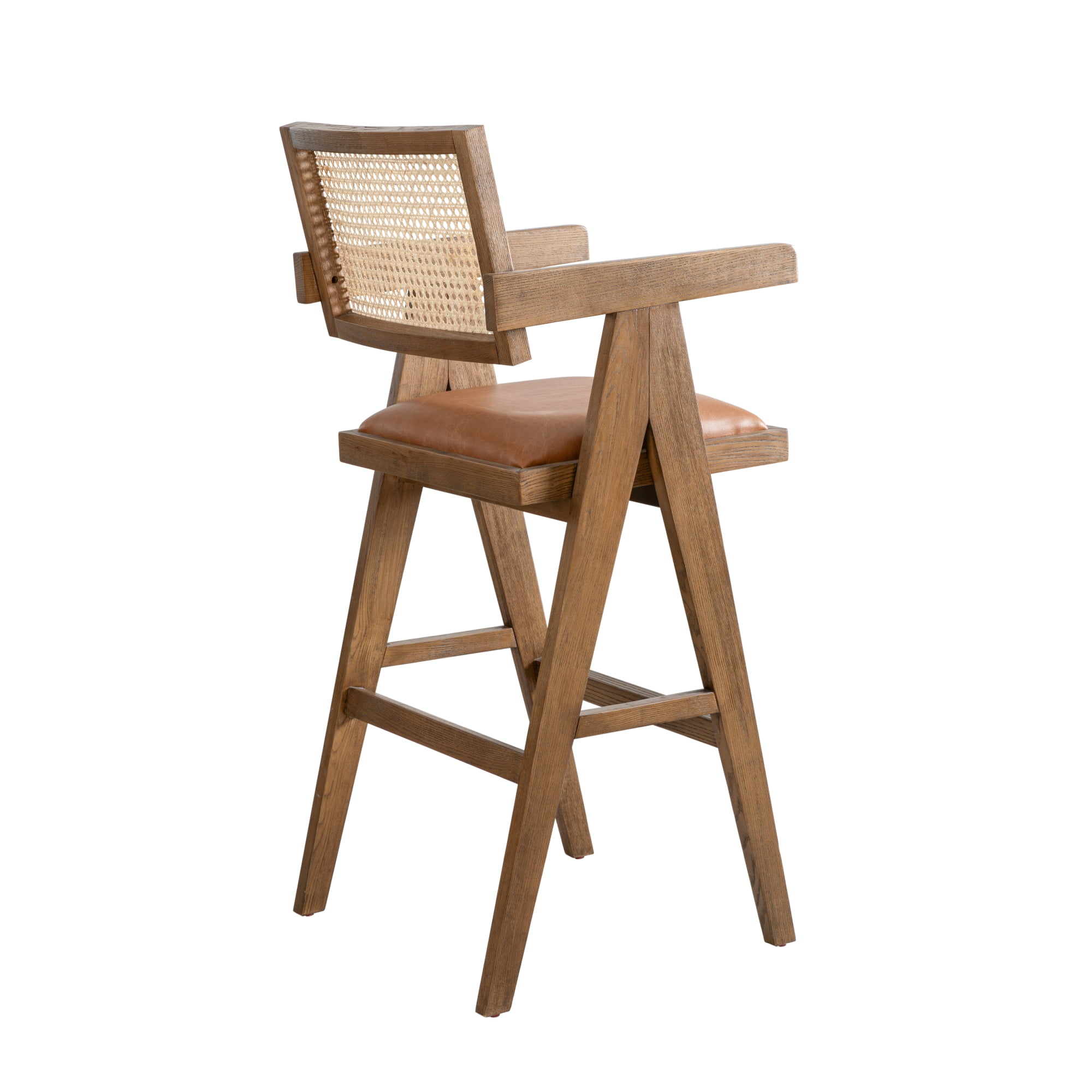 Harley Nutmeg Brown Solid Wood and Rattan Upholstered 30" Bar Height Barstool with Red/Brown Faux Leather Seat - Set of 4