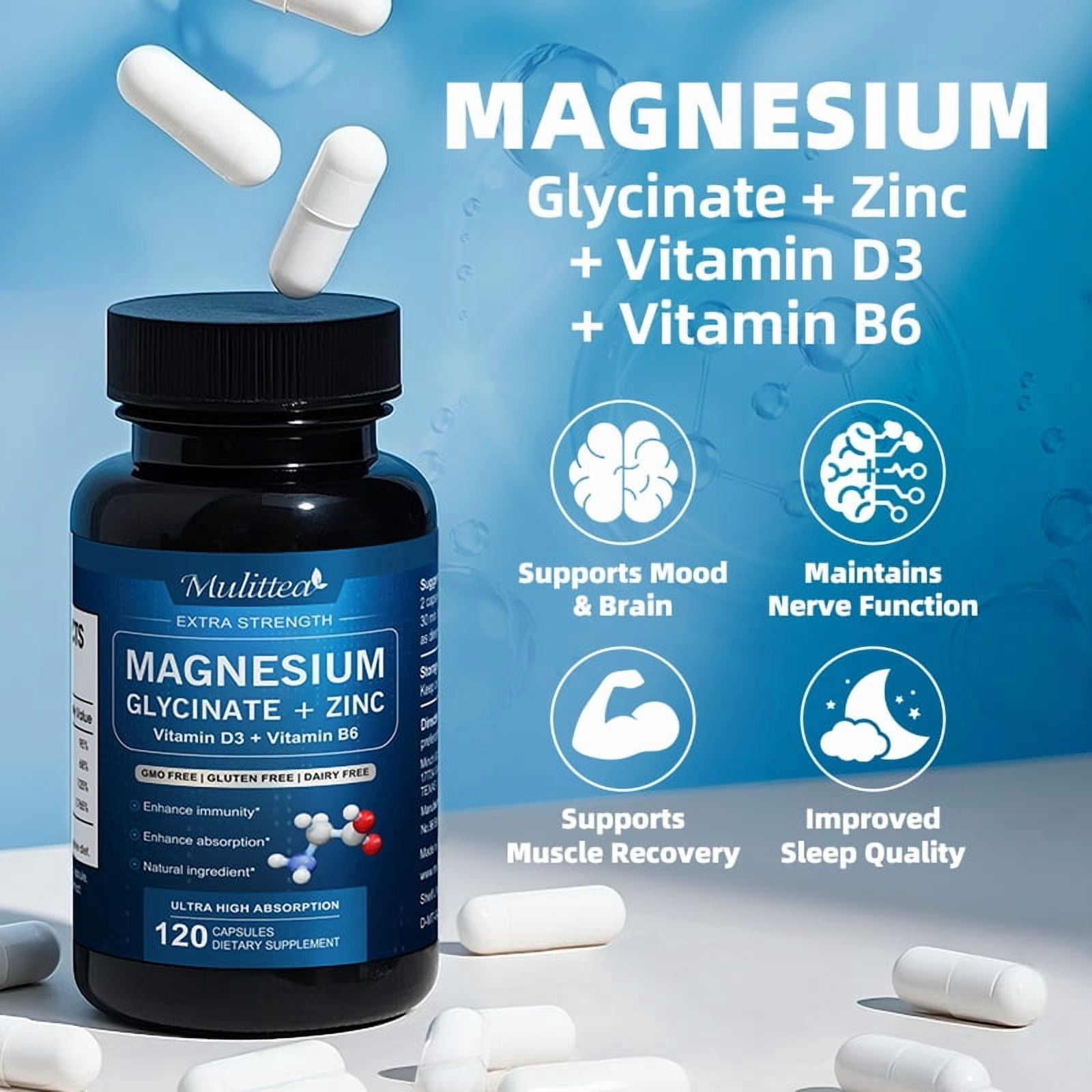 (2 Pack)Magnesium Glycinate Powder Capsules 500 mg - Heart,Muscle & Bone Health Support -120 Capsules