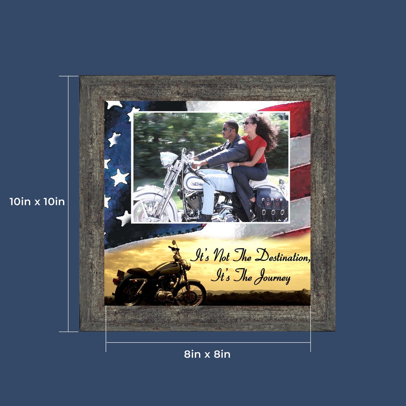 Harley Davidson Gifts for Men and Women, Patriotic Harley Accessories, Harley Davidson Wedding Gifts, Sunset American Flag for Harley Riders, "It's Not the Destination" Unique Motorcycle Decor, 9754