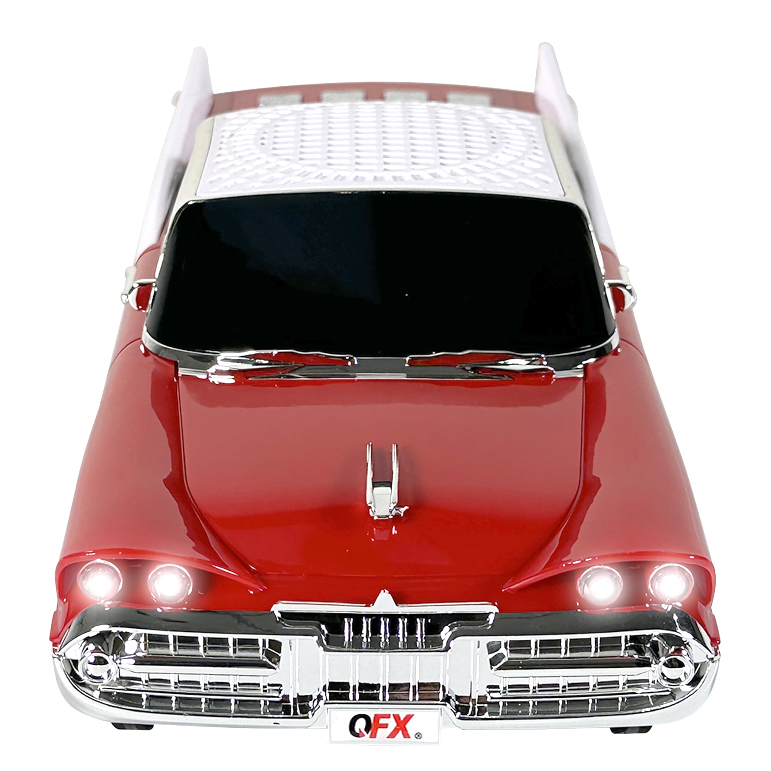 QFX Bluetooth 1959 Retro Classic Car Speaker, Dual 2-inch Speakers, Hands-Free Link, Built-in Microphone, FM Radio, and LED Party Lights, Red - BT-1959-RED