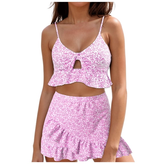 COMVALUE Women's Floral Print V Neck Ruffle Hem Bikini Set Swimsuit Bathing Suit with Wrap Beach Skirt (Purple, S)