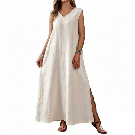YuXingFu Loose Cotton Casual Dresses Women Maxi V-Neck Plus Size Womens Dress Sleeveless with Pocket Long Casual Summer Beige S
