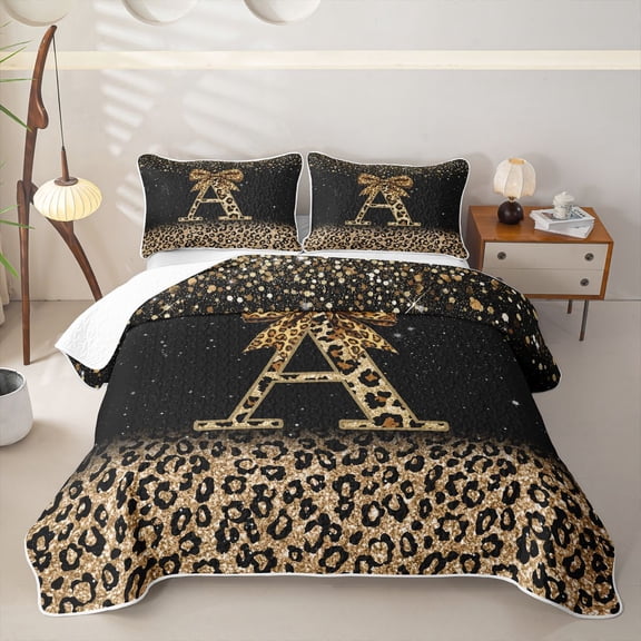 Homewish Chic Cheetah Print Twin Quilt Set, Personalized Initial A Twin Coverlet Set, Black Brown