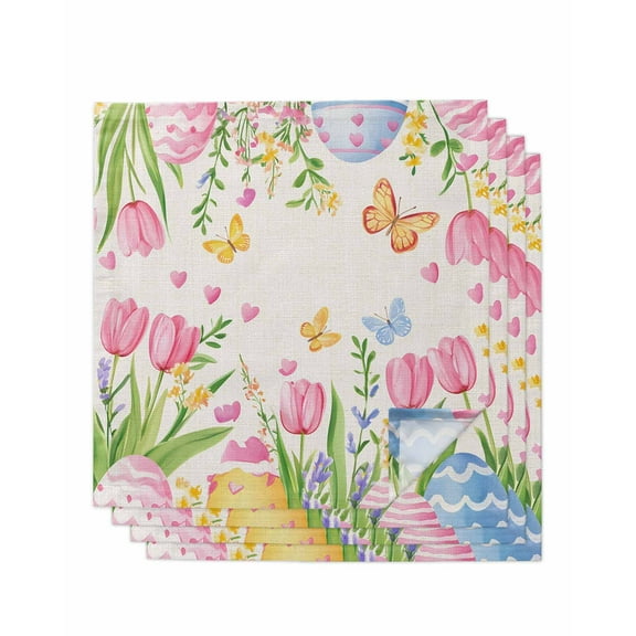 nqOlkjepod Pink Tulip Easter Cloth Napkins Set of 4 Reusable Dinner Napkins, Pastoral Spring Floral Watercolor Cocktail Napkin Washable Table Napkins for Wedding/Holiday Party/Baby Shower 20"x20"