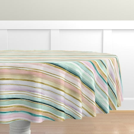 

Cotton Sateen Tablecloth 90 Round - Stripe Pastel Rainbow Gold Watercolor Horizontal Modern Painterly Print Custom Table Linens by Spoonflower
