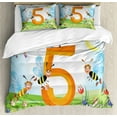 thumbnail image 1 of Number King Size Duvet Cover Set, Happy Bees Making Honey in Five Sign in Tulip Garden Field Kids Nursery Cartoon, Decorative 3 Piece Bedding Set with 2 Pillow Shams, Multicolor, by Ambesonne, 1 of 3