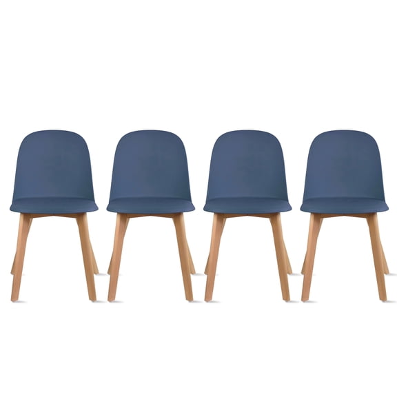 Set of 4 Modern Armless Dining Chair Set with Molded Plastic Seat Shell and Solid Wooden Legs, Blue