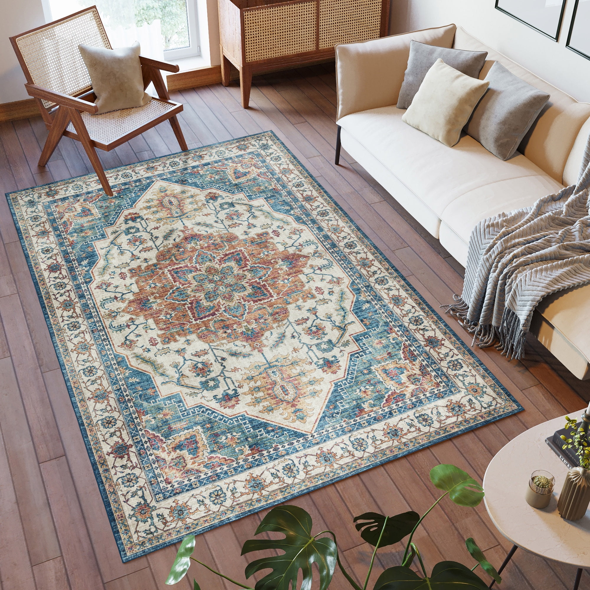 Crystal Print Soha Traditional Moroccan Blue Washable Indoor Area Rug, 5x7