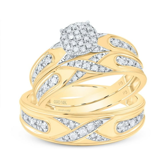 10K Yellow Gold Round Cut Diamond Men's Wedding Band & Women's Bridal Set X & O Design Cluster Matching Trio Set 1/3 CT.