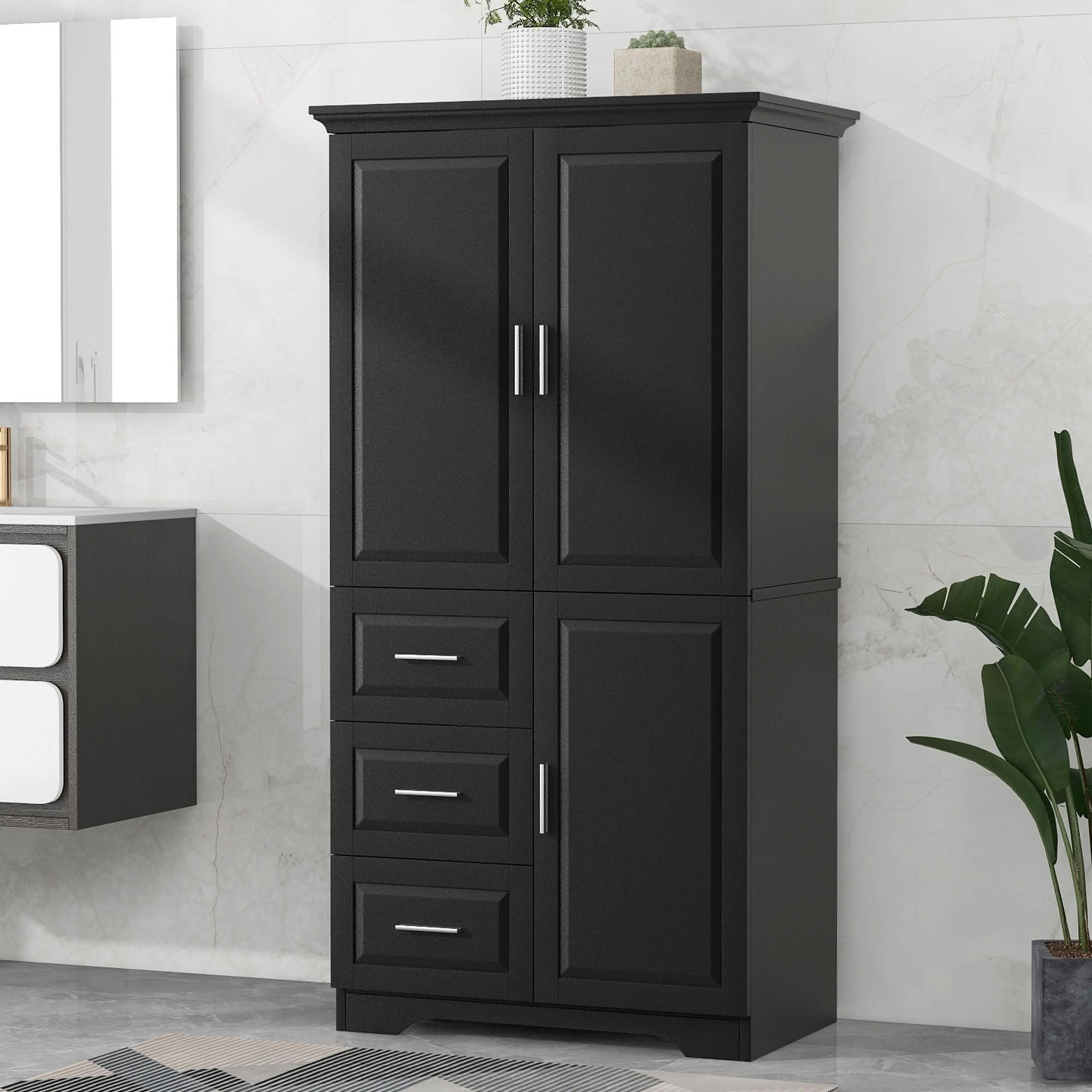 MAYEERTY Tall Wide Storage Cabinet with Doors, 3 Drawers, Bathroom Office Use, Black