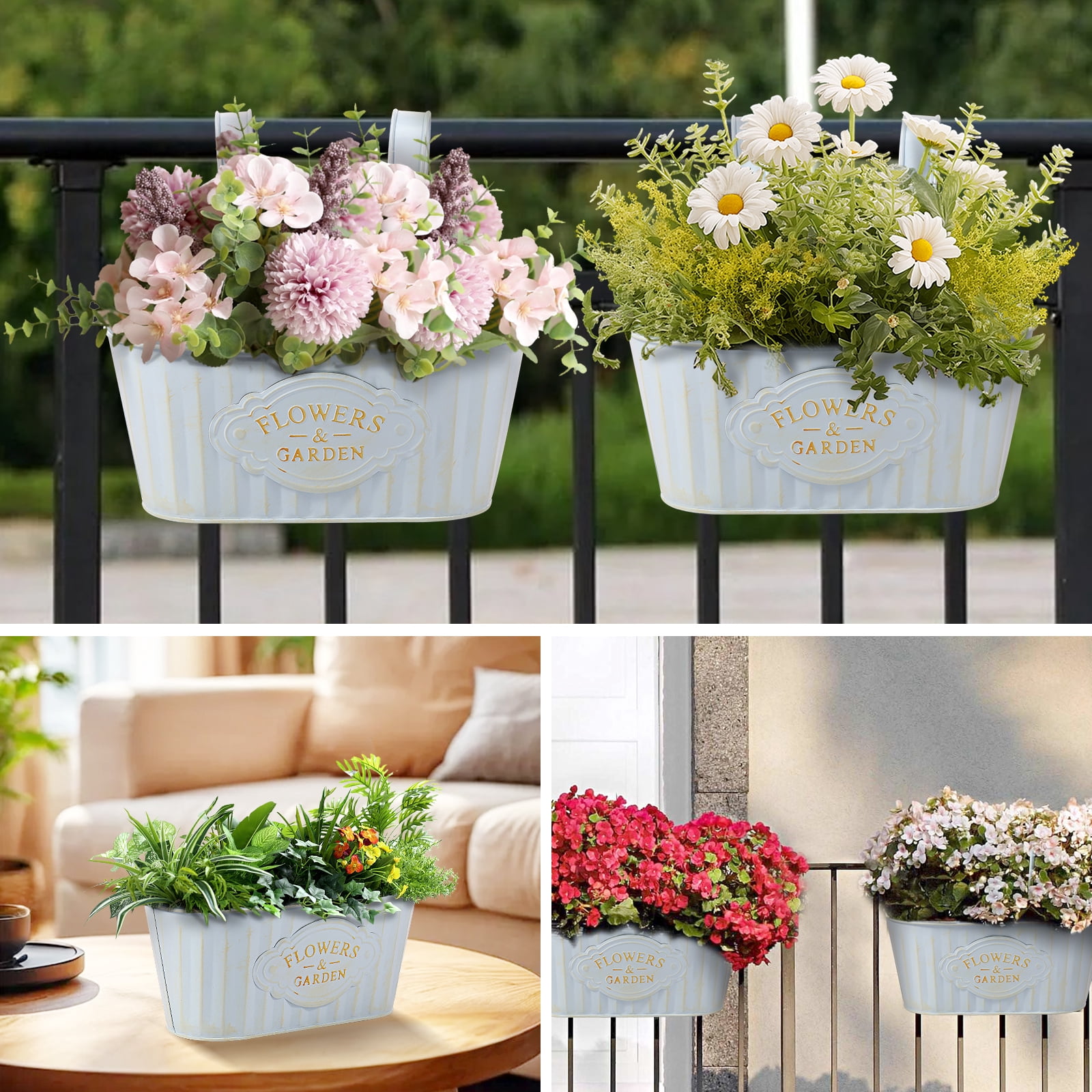 Keyohome 3Pcs Hanging Flower Pots,Metal Wall Planter,Iron Bucket Planter with Detachable Hooks for Indoor Outdoor,Drainage,Rustproof,Blue,10.6"