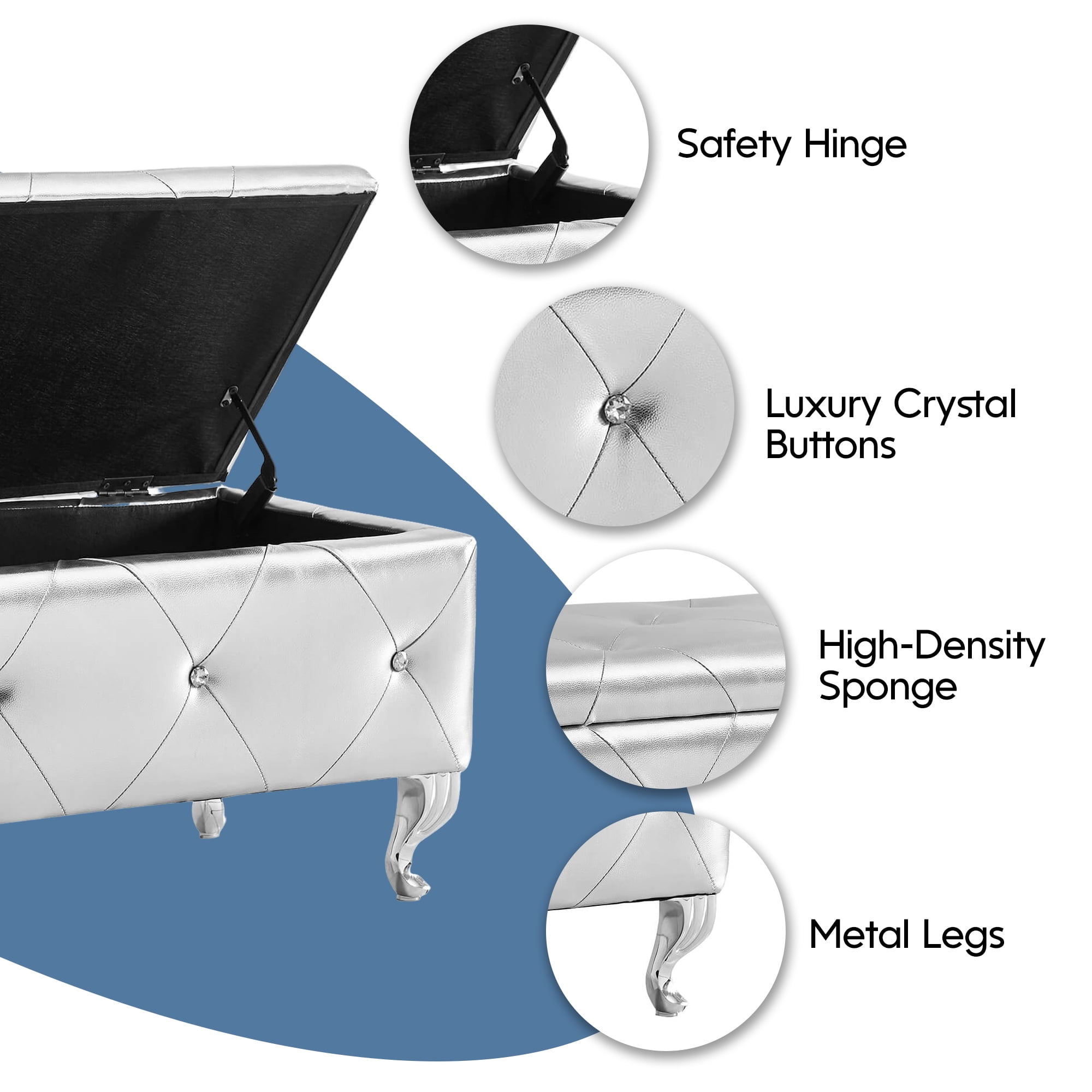 Aukfa Storage Ottoman Bench with Crystal Buttons for Bedroom,Silver