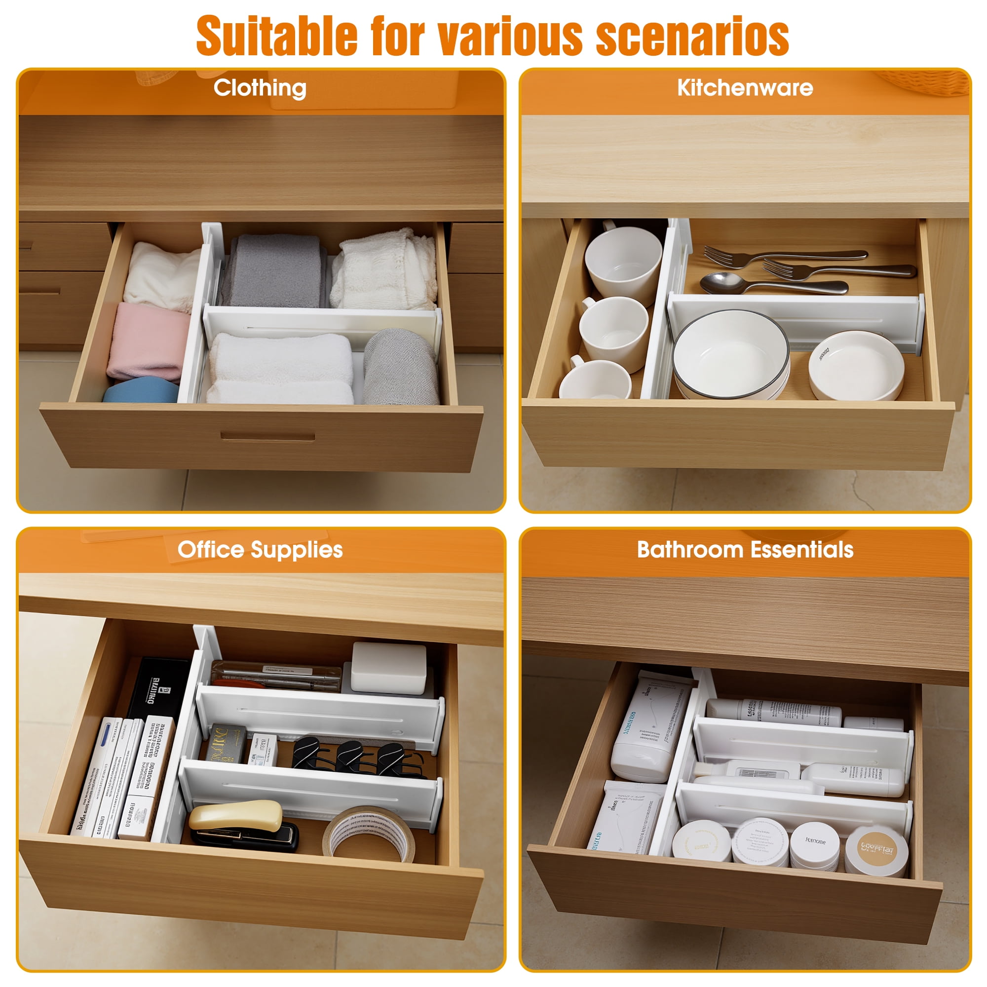Mimifly 5 Pack Adjustable Drawer Dividers for Clothes, 3.1" High Expandable Dresser Organizers, 10.6"-17.7" Separators with Foam Pads, White