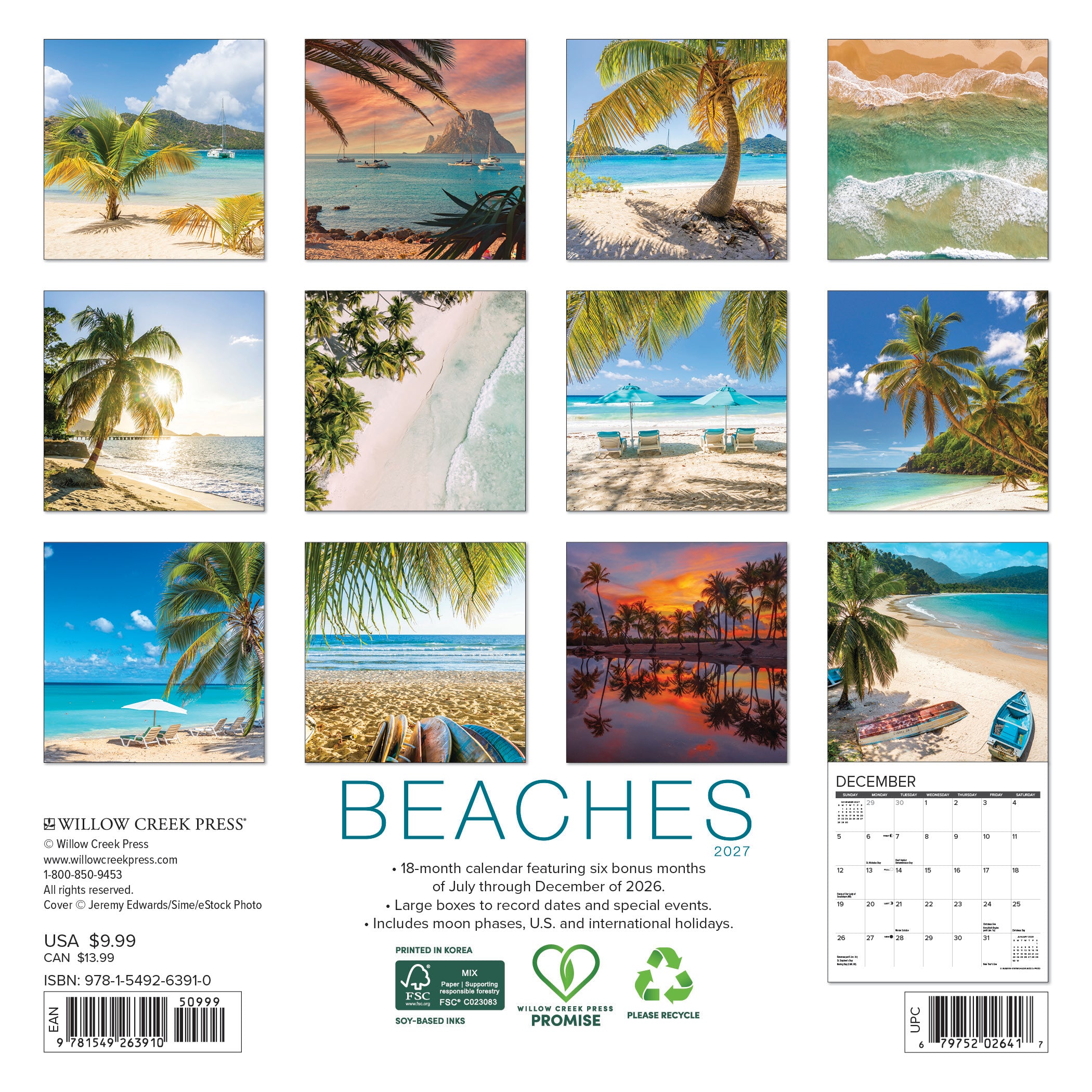 Willow Creek Press, Beaches 2027 Mini Wall Calendar