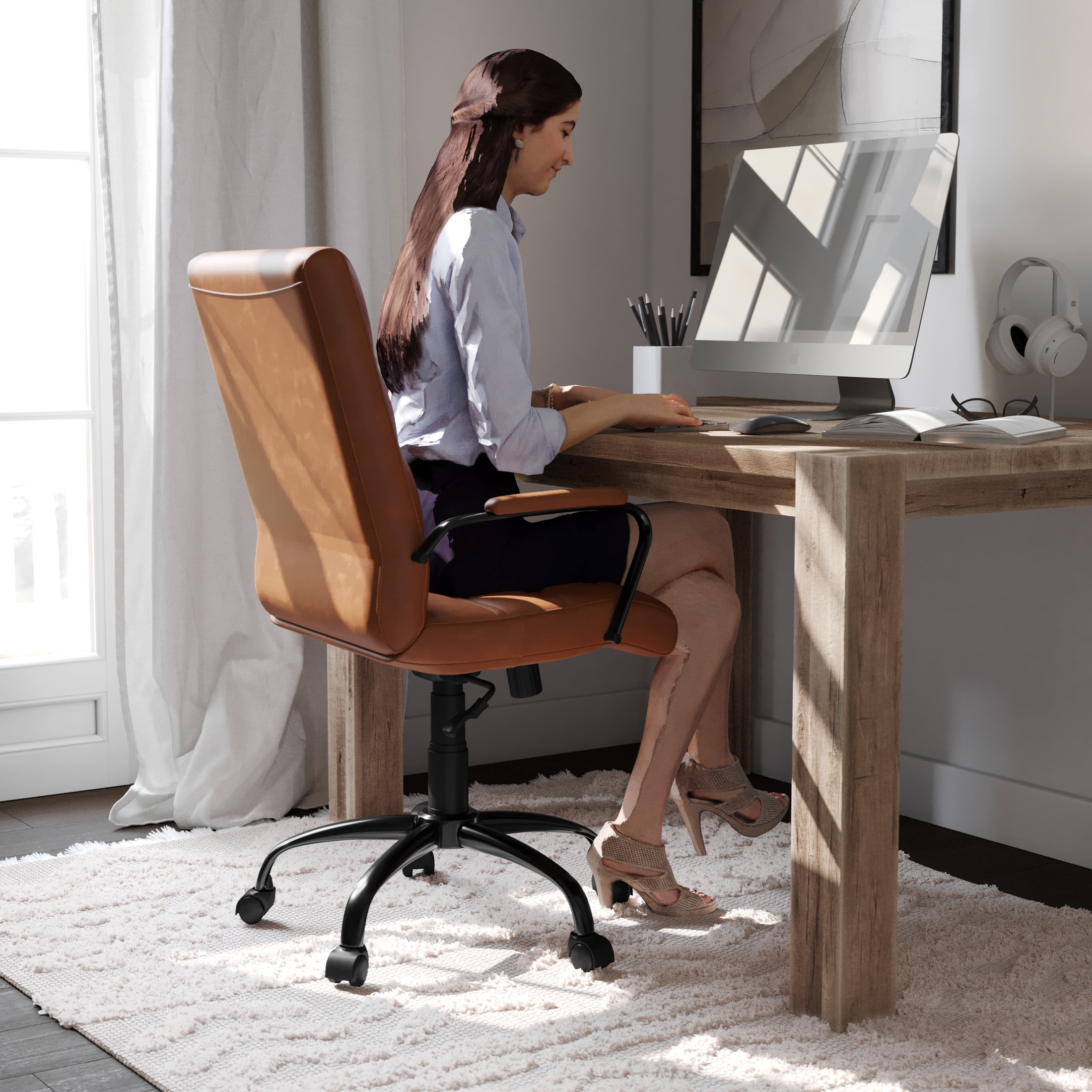 Flash Furniture Whitney Mid-Back Swivel LeatherSoft Desk Chair with Armrests, Brown/Black