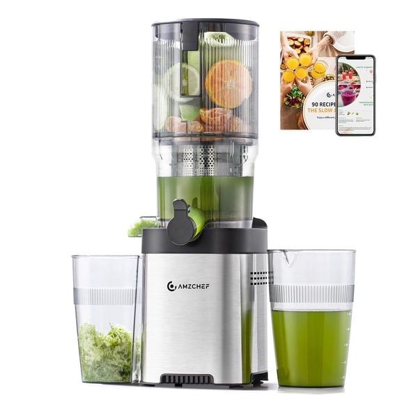 AMZCHEF Extracteur à Froid, Extracteurs de Jus 5,4 Pouces avec Grande Goulotte d'Alimentation pour Fruits et Légumes Entiers, Extracteur de Jus en Acier Inoxydable avec Grande Tarière