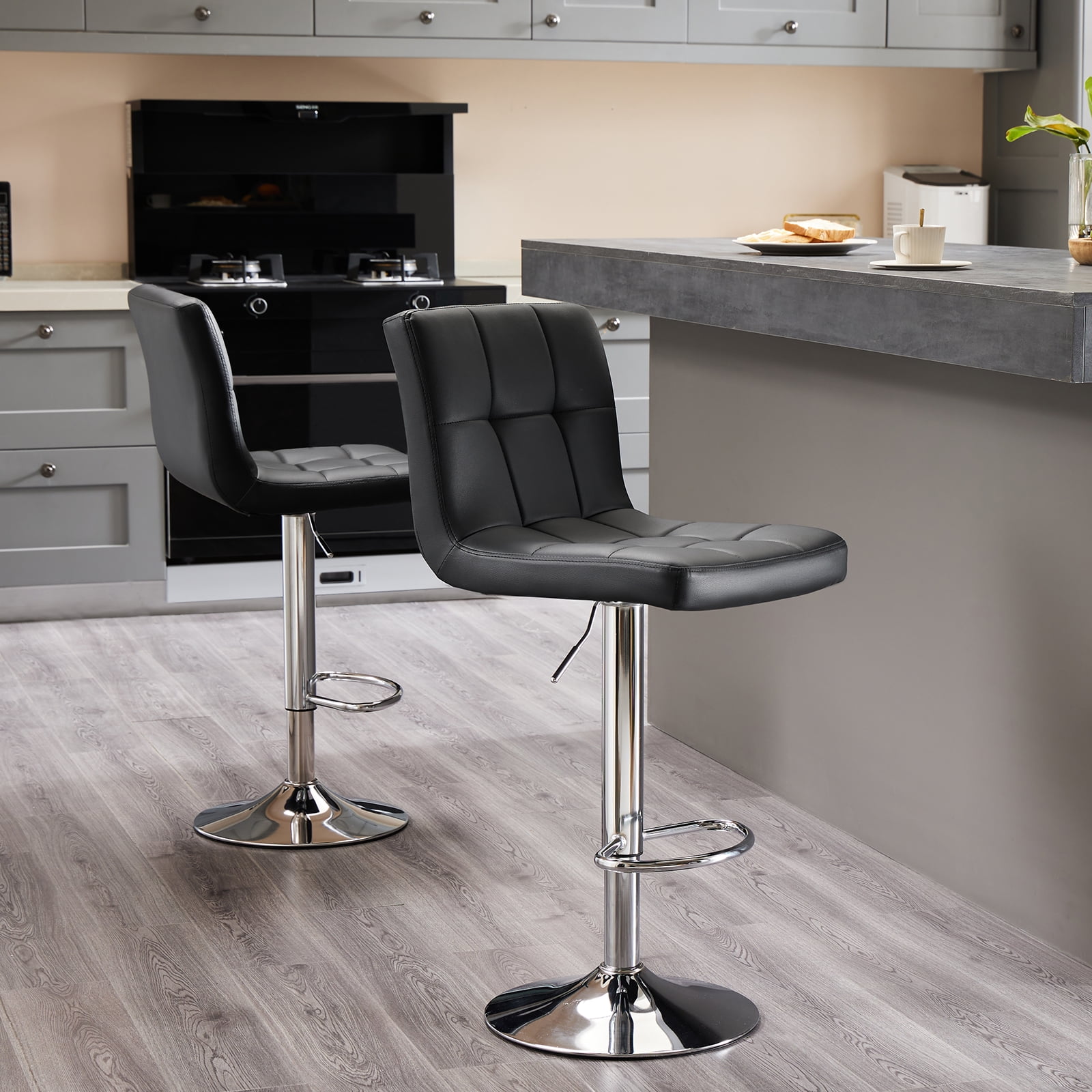 Bar Stools Set of 2, Adjustable PU Leather Barstools with Back, Swivel Armless Counter Height Chairs for Kitchen Island & Dining Room, Black