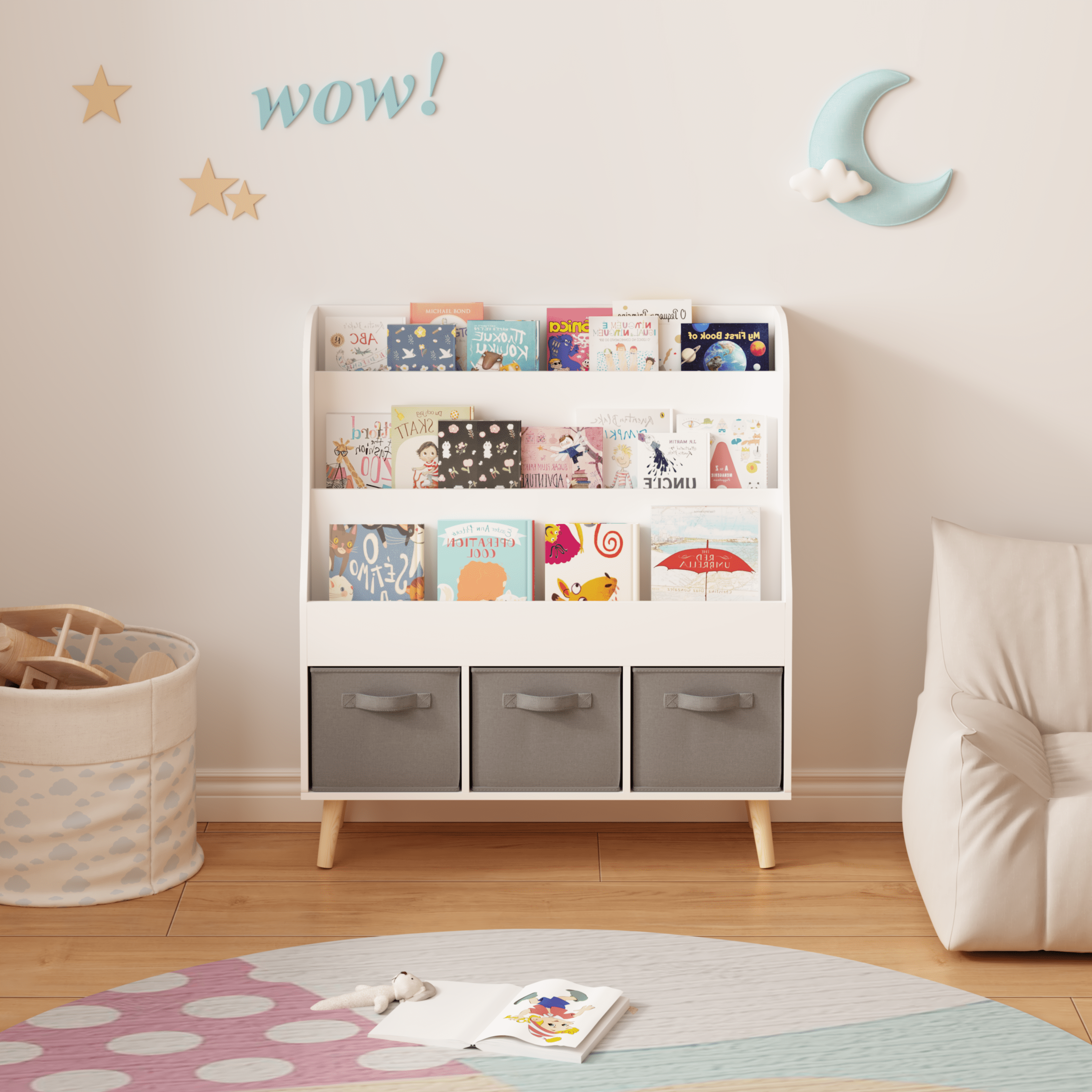 Kids Furniture Kids Bookshelf with 3 Fabric Storage Bins, White Wooden Book Display Organizer for Toddlers and Children, Front-Facing Book Rack with Pine Legs for Playroom, Nursery, or Bedroom,Baby F