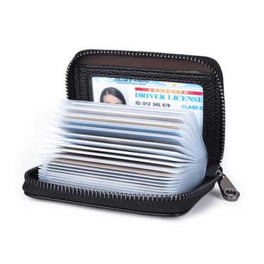 Genuine Leather Credit Card Holder Wallet RFID Blocking Secure Card Case Zipper (Brown)
