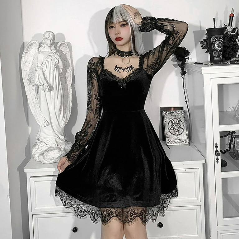 Winter Savings Clearance! Xisheep Women Goth Dresses Vintage Lace Long  Sleeve Off-shoulder Lace Patchwork Corset Dress Prom Dresses Gothic Clothes  for