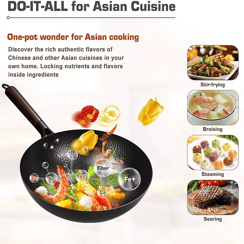 Coach & Couch Inc Carbon Steel Stir Fry Wok Pan Cast Iron Frying Pan with Lid, 12.59”