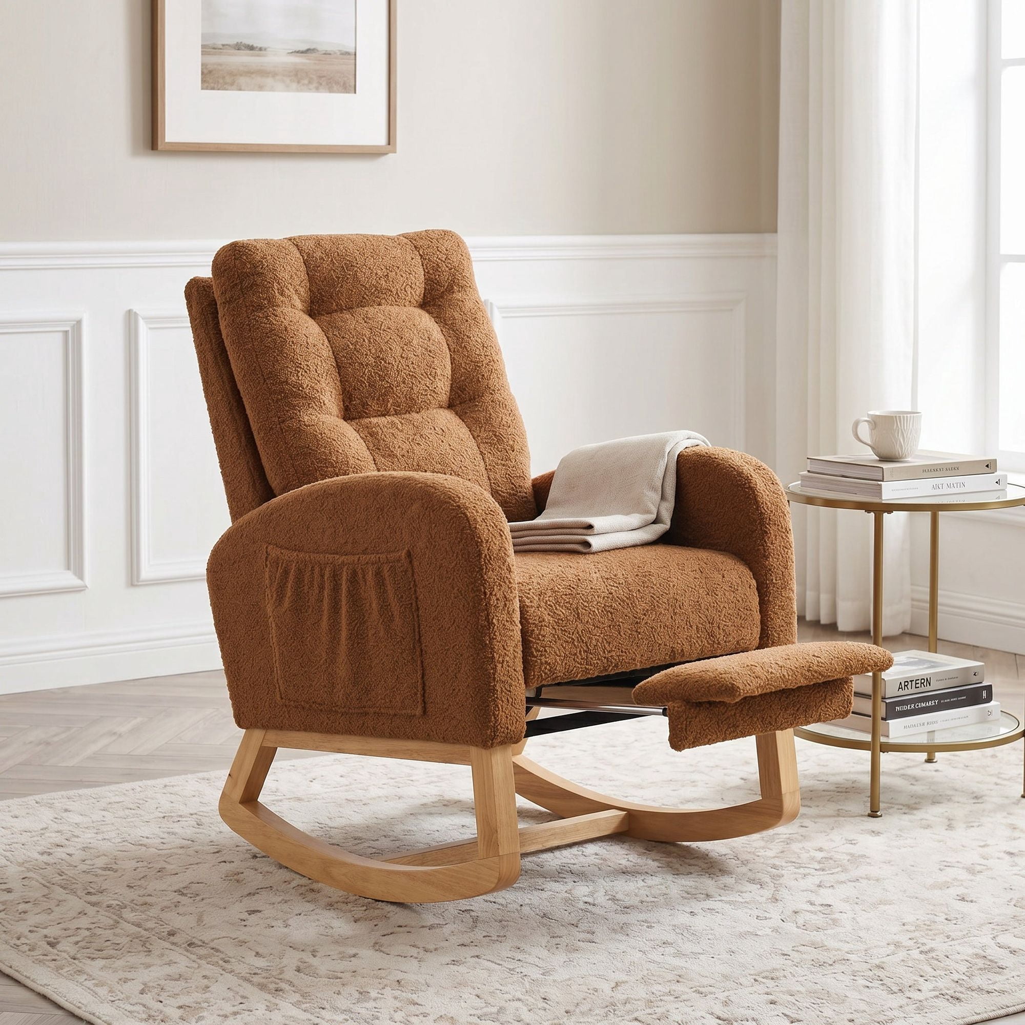 Sailvan Upholstered High Back Accent Rocking Chair with Footrest & Storage Pocket for Living Room
