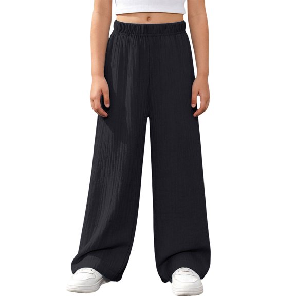 Rrxhxhs Pants for Girls Solid Color Elastic Waist Loose Stretchy Casual Wide Leg Trousers,Black,5-6 Years