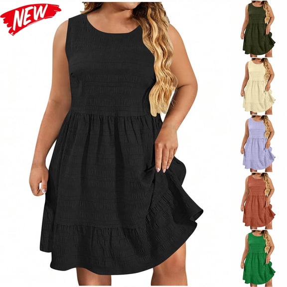 Taqqpue Women Plus Size Dress Casual Solid Color Crewneck Sleeveless Midi Dress Loose Fit Beach T Shirt Dress Flowy Swing Knee Length Sundress for Women