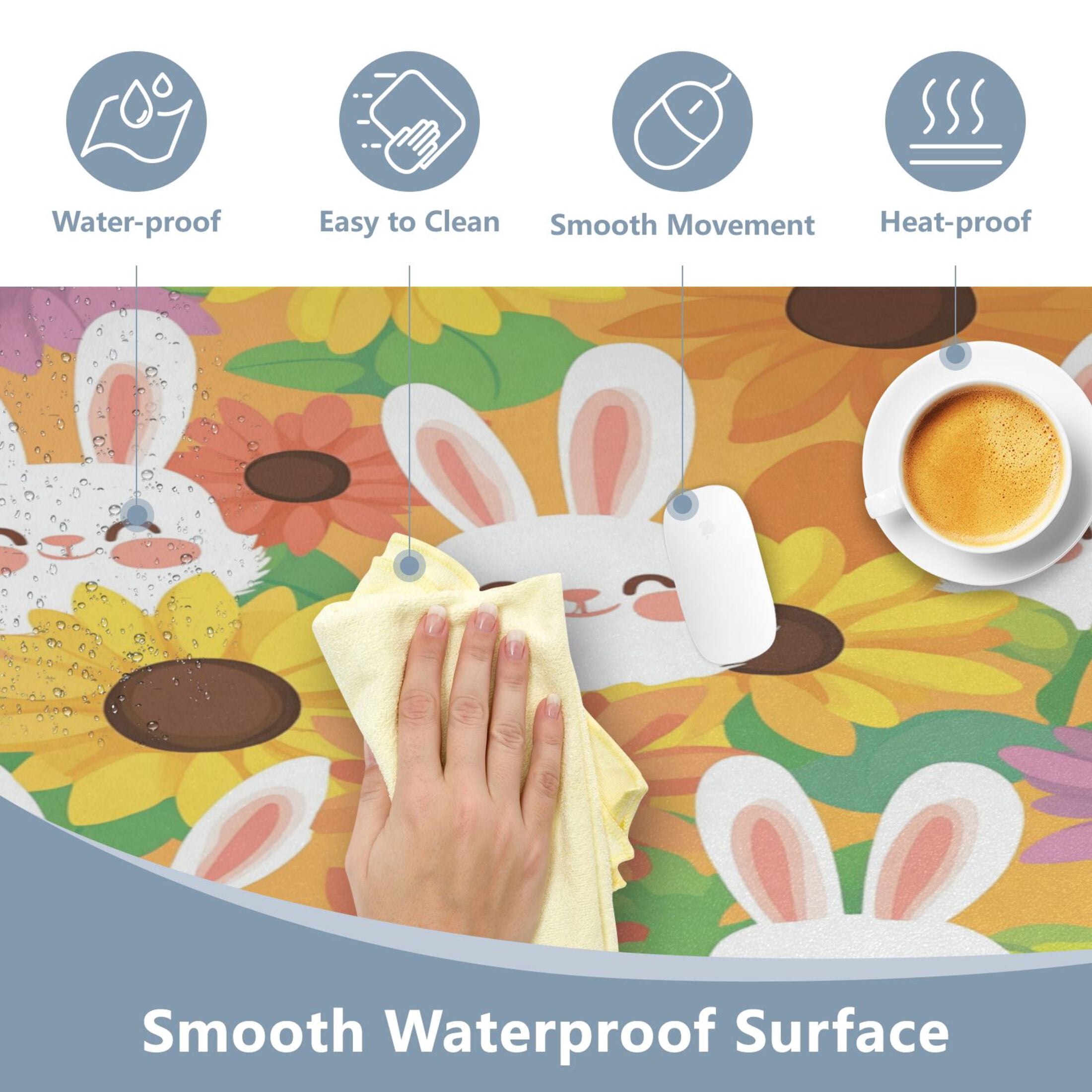 Leather Keyboard and Mouse Desk Mat Office Desk Accessories Protective Office Desk Decor Desk Pad Mat for Gaming, Work from Home, Office Smiling Bunnies with Sunflowers 16.5" x 35.4"