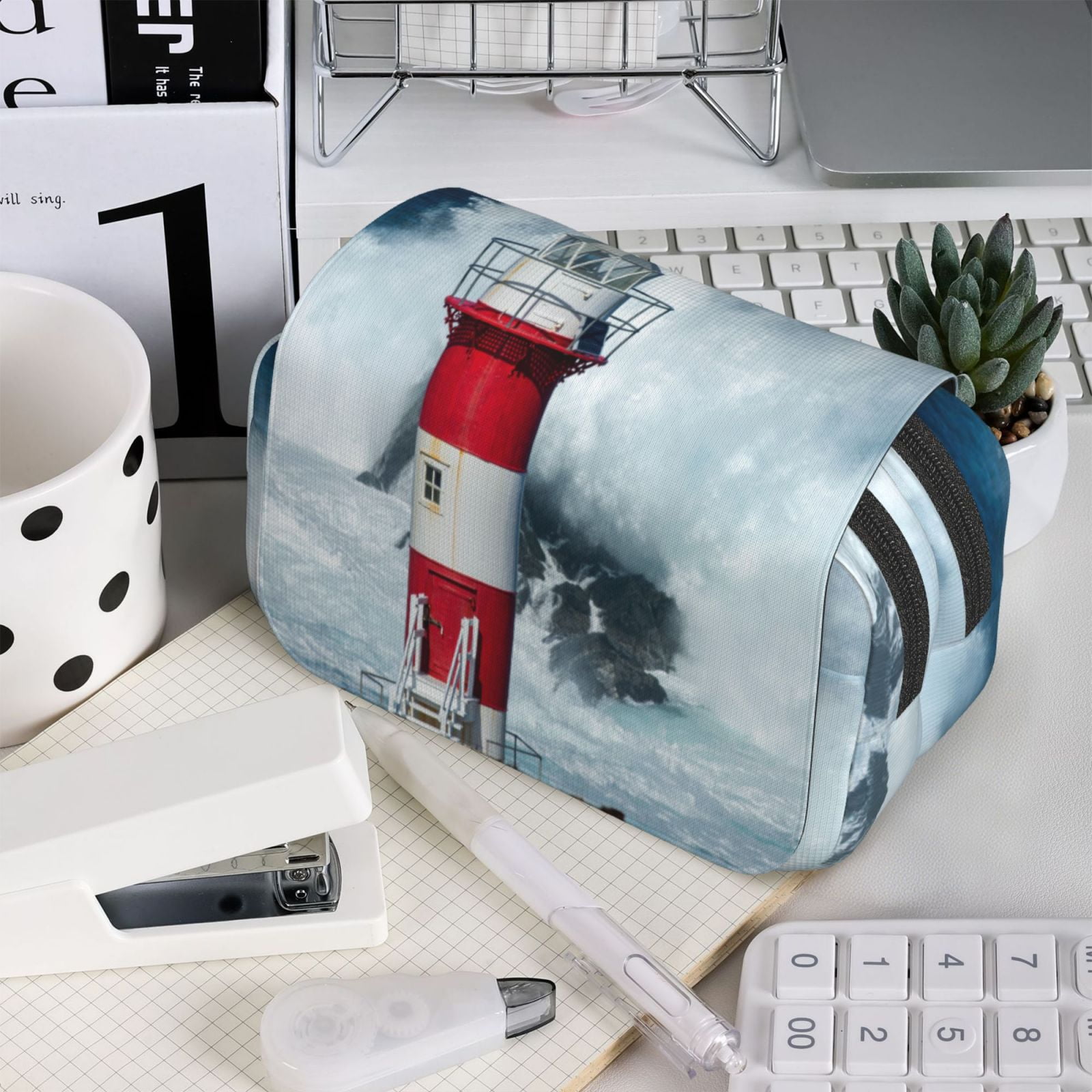 Rateoe Circular Lighthouse Pattern Double Clamshell Pen Case, Storage Organizer with Two Zipper Compartments– Holds Up to 50 Pencils & Pens