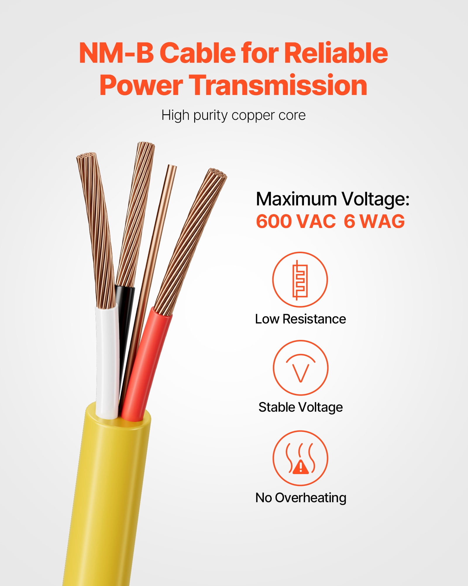VEVOR NM-B Wire, 6AWG/3C Non-Mettalic Residential Indoor Electrical Wire with Ground, PVC Sheathed High-Purity Copper Core Cable, for Outlets, Switches, Other Loads & Lighting Wiring Projects