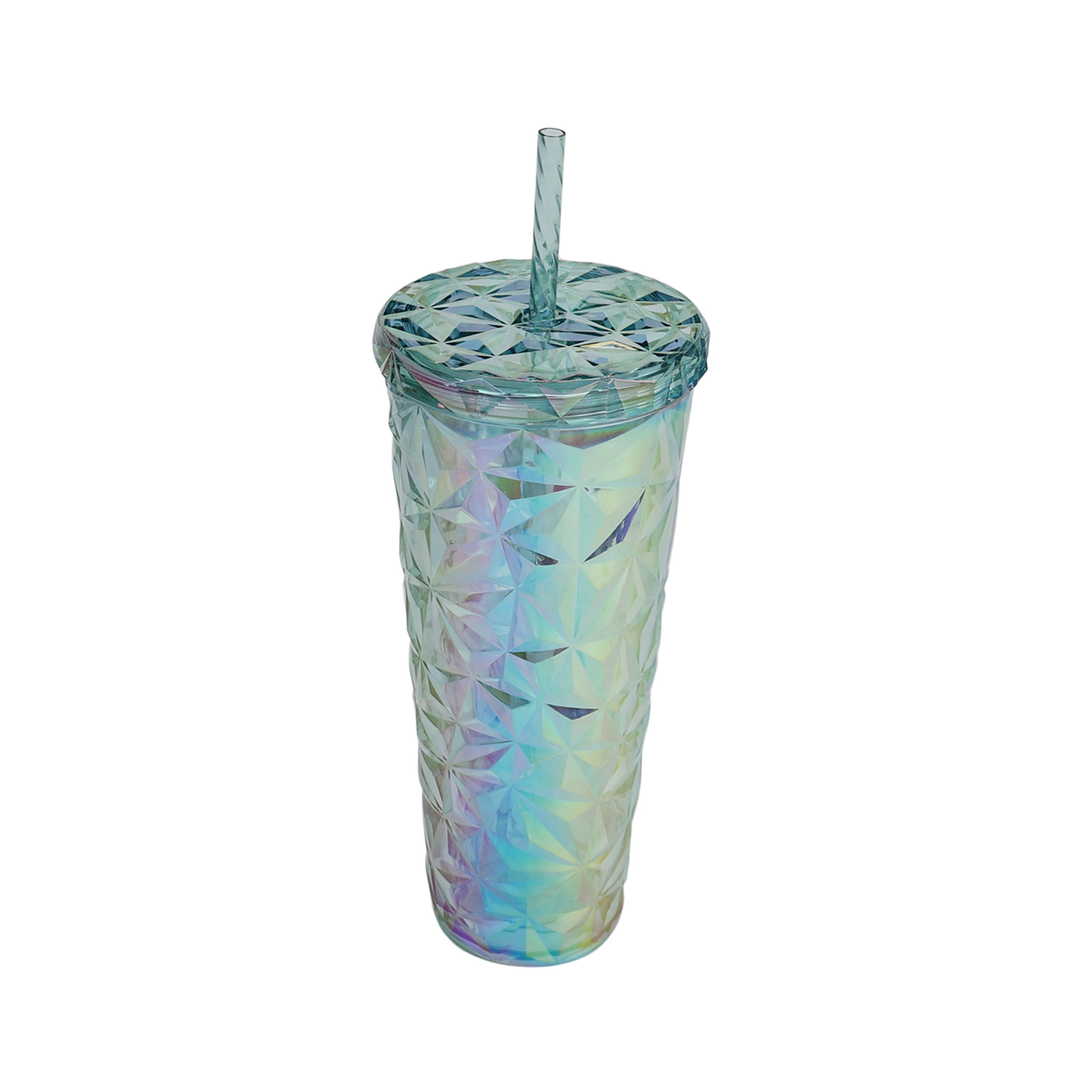 Holiday Time 26 oz Plastic Double Wall Insulated Prismatic Textured Tumbler with Straw, Blue Iridescent