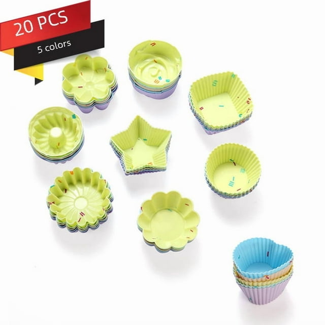 20-Piece Colorful Silicone Muffin Cups Set: Heat-Resistant (230℃) Baking Molds with Round/Heart/Square/Star/Flower/Triangle Shapes, Durable Non-Stick Trays for Cupcakes, Pudding, Jelly & Desserts -