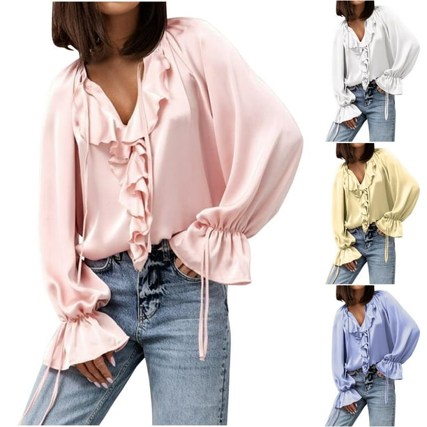 Sudadera de lactancia,Blusa con volantes y lazo para mujer, cuello en V y mangas acampanadas, tejido suave y transpirable, camisa informal de manga larga para uso diario y en casa, sopatenor