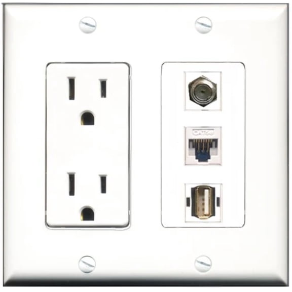 RiteAV - 15 Amp Power Outlet 1 Port Coax 1 Port USB A-A 1 Port Cat5e Ethernet White Decorative Wall Plate