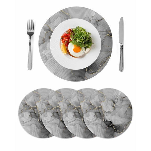 Grey Ombre Marble Round 13 Inch Placemats Set of 4, Gray Marble Crack Abstract Modern HeatResistant Non Slip Place Mats for Dining Table, Wipeable Braided Kitchen Table Mats for Housewarming