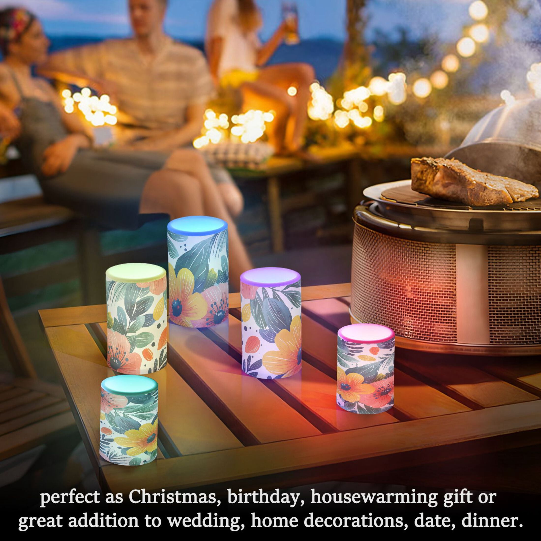 Tropical Flower Flickering Flameless Candles Battery Operated with Remote Timer LED Pillar Candles Set of 2