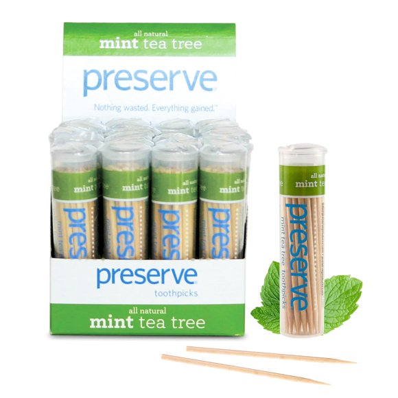 Preserve Toothpicks Refreshing Natural Mint Tea Tree Flavored Toothpicks for Fresh Breath Teeth & Gums - Sustainably Harvested Birch Wood - 24 Travel Cases (840 Picks)