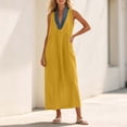 thumbnail image 7 of Eawtki Women's V Neck Sleeveless Maxi Dress Denim Trim With Pockets Loose Fit Casual Summer Linen Blend Dress, 7 of 7